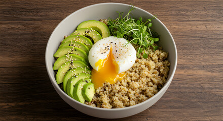 Breakfast Bowl With Quinoa, Avocado, and A Poached Egg With Leaking Yolk