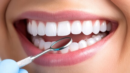 Dentist examining healthy teeth, close-up, dental mirror, clinic background