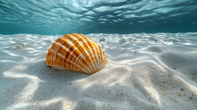 Seashell rests on light sandy seabed under clear, shimmering turquoise water