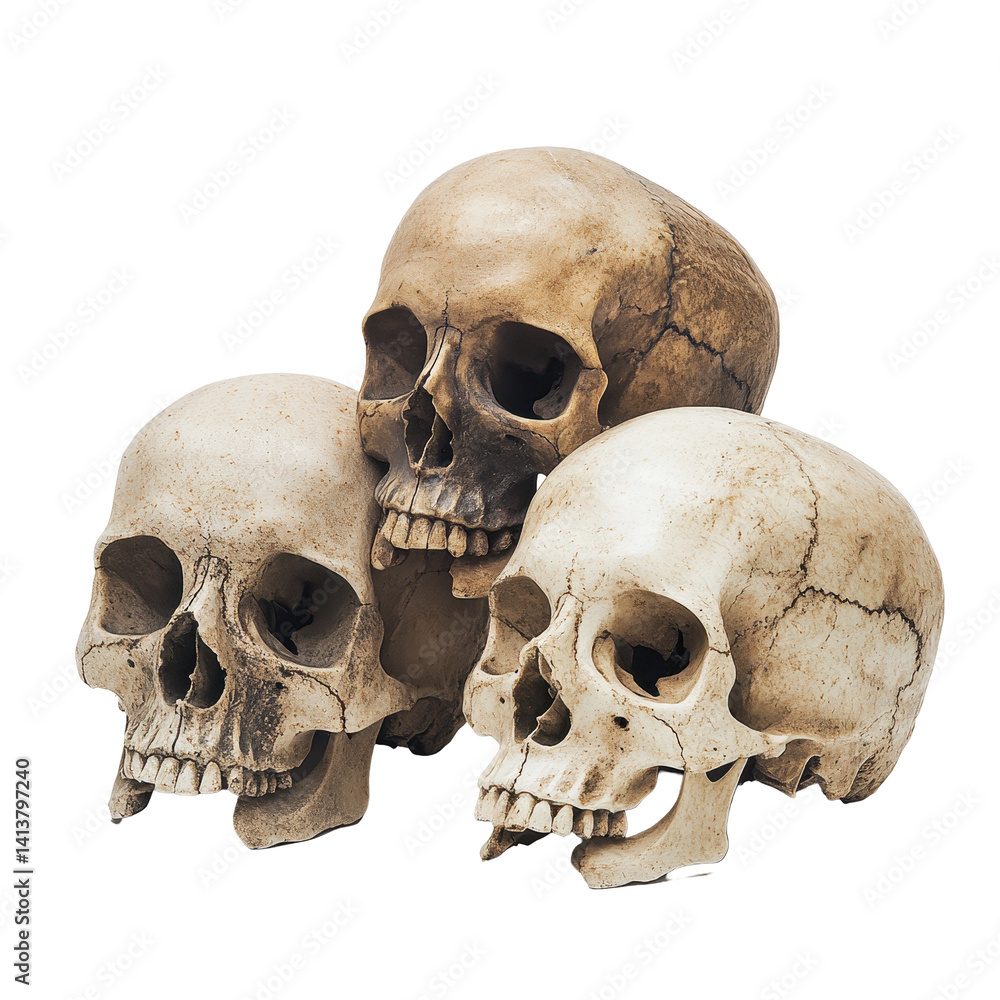 Poster three white skulls display intricate details and textures in a close arrangement on a light backgrou