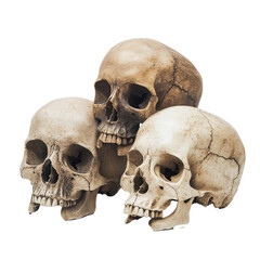 Obraz premium Three white skulls display intricate details and textures in a close arrangement on a light background, group three skulls sitting next to each other, white background