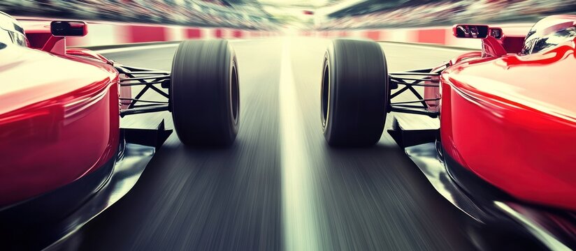 intense parallel racing competition showcasing speed, precision, and advanced engineering on the racetrack with blurry motion capturing the thrill of motorsports
