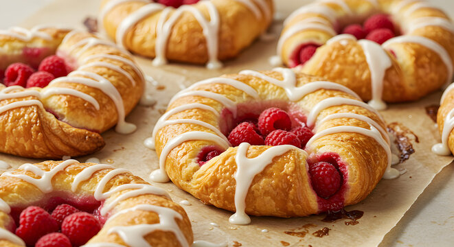 Fresh Raspberry Crown Pastries With Sweet Glaze Displayed on Parchment Paper