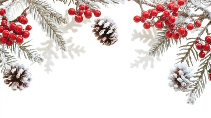 Festive winter foliage arrangement showcasing frosted pine branches laden with vivid red berries and scattered pinecones on a pristine white backdrop providing a delicate holiday season frame