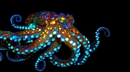 Obraz premium A vibrant, bioluminescent octopus with colorful patterns against a dark background.