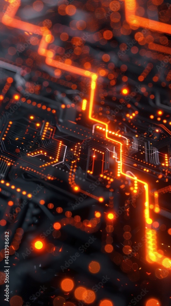 Aufkleber abstract circuit board with glowing orange lines, dark background, bokeh. possible use technology, f