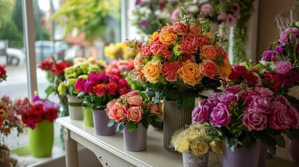 Vibrant floral display in a shop window.