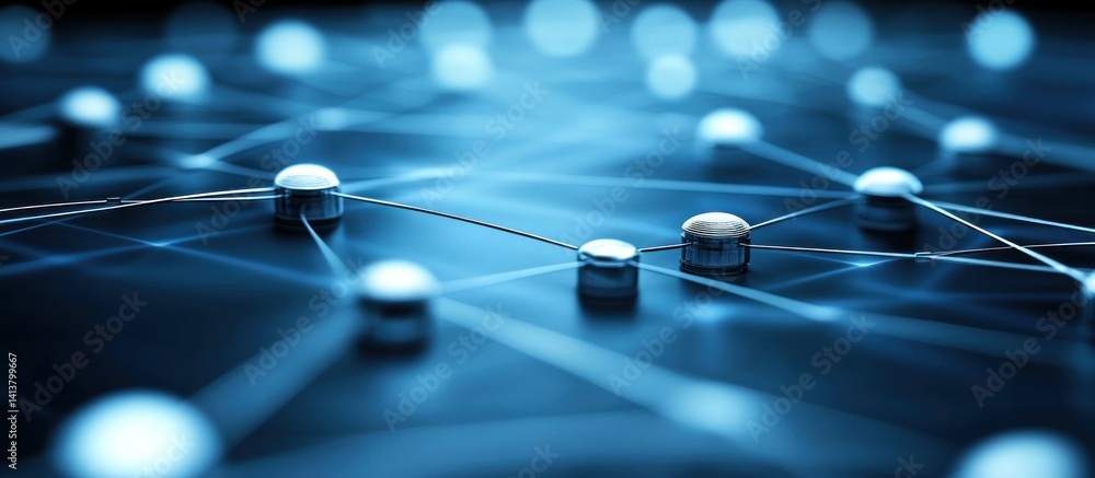 Poster futuristic interconnected network with glowing nodes and lines symbolizing global connectivity, data