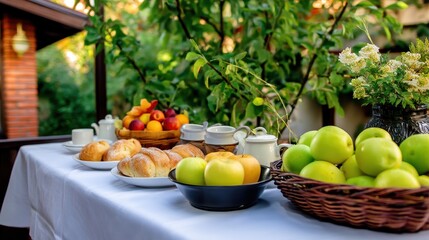 A vibrant outdoor breakfast spread featuring fresh fruits, pastries, and greenery in a serene garden