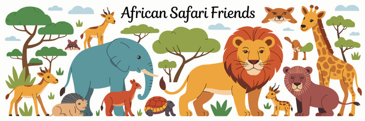 Fototapeta premium African animals vector cartoon illustration. Adorable African Animal Cute lion, zebra, elephant, giraffe, hippo and other wild life clipart for zoo