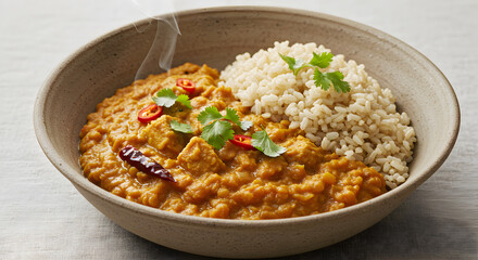Delicious And Steaming Bowl Of Indian Dal Curry With Brown Rice