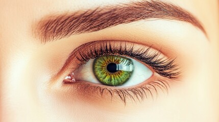 Obraz premium close-up shot showcasing a captivating green eye with detailed eyelashes and a subtly shaped eyebrow, emphasizing beauty and the intricacies of human eye anatomy against a soft skin tone backdrop