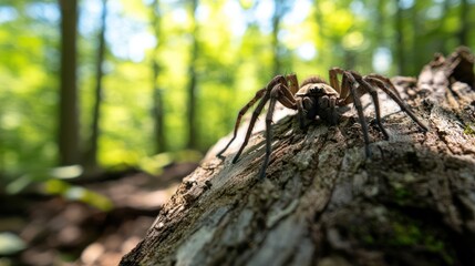 Forest spider on log, sunlight, nature, wildlife, macro