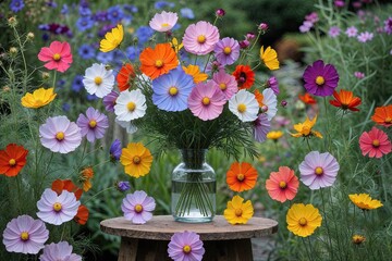 Fototapeta premium Enchanting Cosmic Flower Arrangements for a Serene Garden Experience
