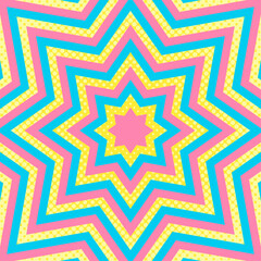 同心状の星形とハーフトーンのドットの背景、八角星、ポップなデザイン、装飾的な放射型図形、正方形サイズ