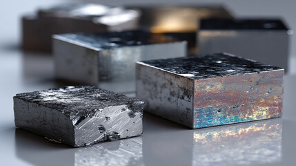 Raw neodymium metal pieces rest on a reflective surface symbolizing rare earth power technological advancement magnetic energy and the hidden strength of essential modern elements

