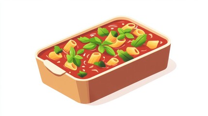 Isometric lasagna dish with fresh basil