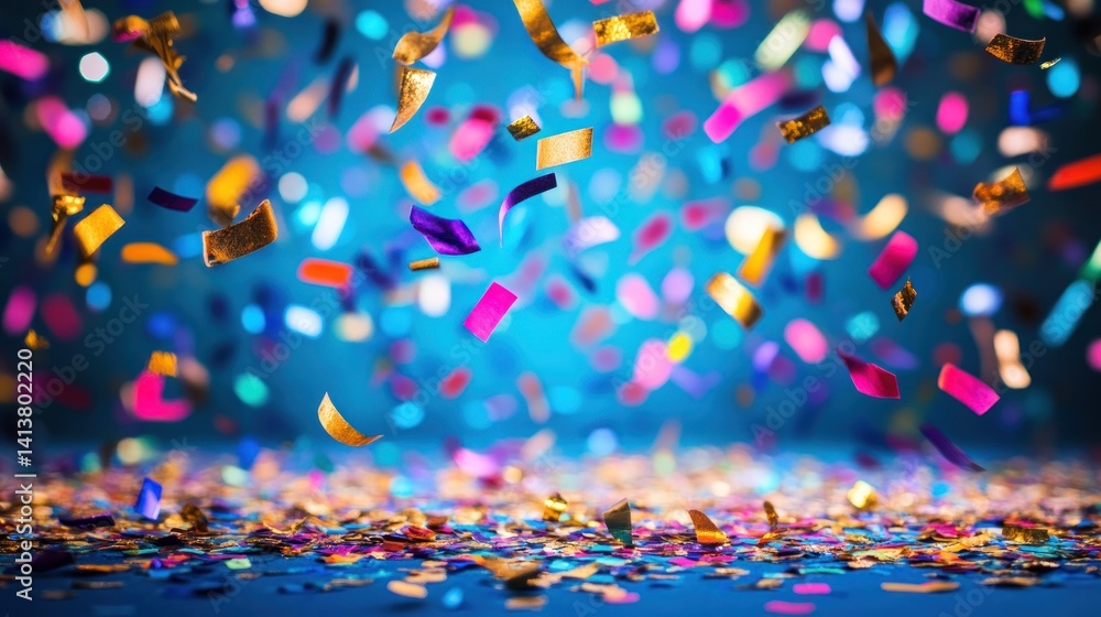 Poster a vibrant celebration with colorful confetti raining down on a deep blue canvas creating a festive a