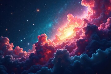 Fototapeta premium Celestial Cloudscape A Dreamlike Vision of Illuminated Cumulus Formations Adorned with Shimmering Stardust in a Vibrant Night Sky