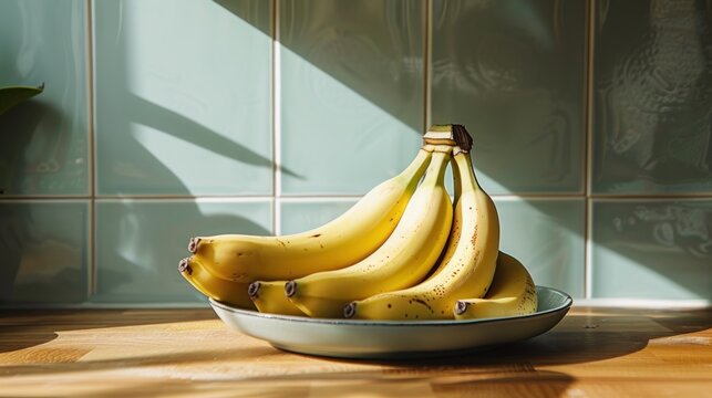 Bunch of ripe bananas in teal bowl on wooden counter