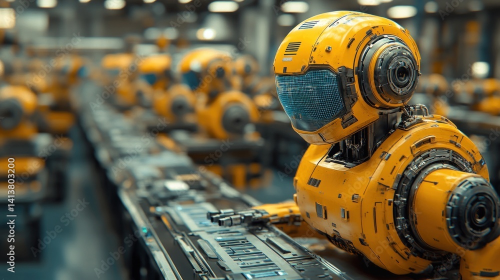 Poster assembly line of futuristic yellow robots in a modern factory