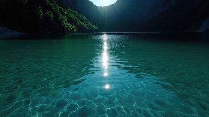 Fototapeta premium Serene mountain lake reflecting sunlight. Crystal-clear water with sunlight beaming through. Lush greenery surrounds a tranquil alpine lake