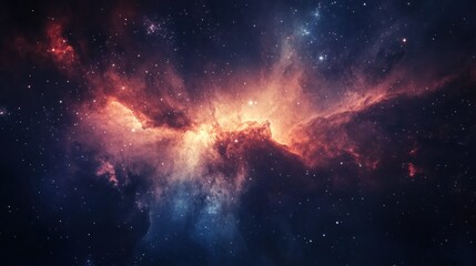 Fototapeta premium a captivating cosmic panorama showcasing a vibrant and majestic nebula illuminated with radiant hues of orange, red, and blue against the backdrop of a star-studded expanse