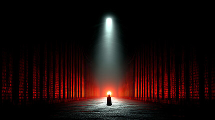 Futuristic red tech tunnel with glowing digital code patterns on walls and floor symbolizes data flow, innovation, and immersive technology with deep perspective and intense energy

