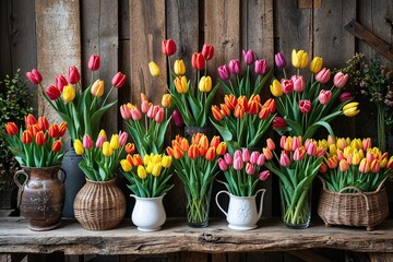 Colorful Tulip Floral Arrangement on Rustic Wooden Background