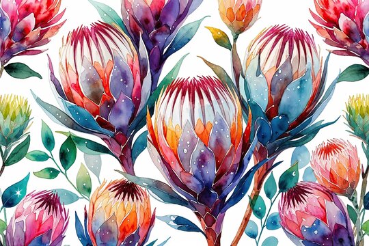 Vibrant Watercolor Proteas with Shimmering Highlights for Summer Floral Backdrop