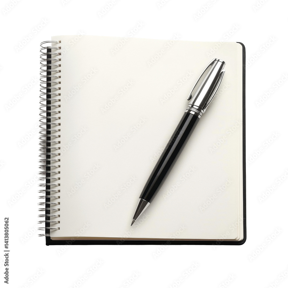 Poster open notebook with silver pen resting on blank pages, perfect for jotting down thoughts and ideas, n