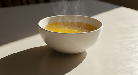 Steaming Hot Broth In A White Bowl On A Sunlit Table Surface