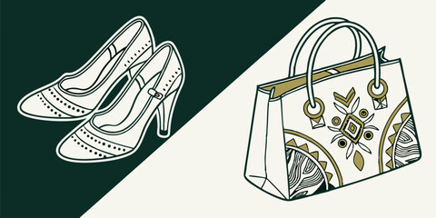 Pair of female shoes and handbag isolated on dark green-white  background  vector, illustration.
