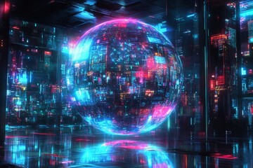 Obraz premium Sphere in Cyber City - A glowing sphere filled with data sits in a futuristic city, reflecting the neon lights