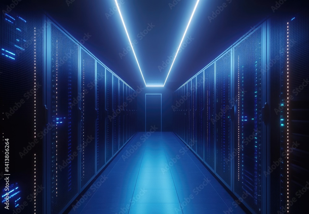 Poster symmetrical hallway of blue-lit servers under led ceiling panels in a sleek data center. perfect for