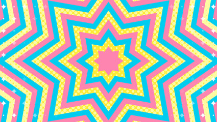 同心状の星形とハーフトーンのドット、キラキラのパターン背景、八角星、ポップなデザイン、装飾的な放射型図形