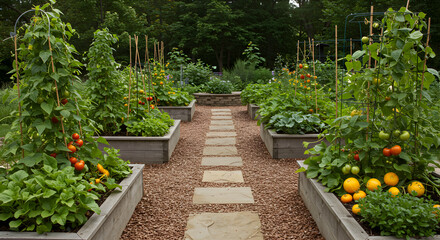 Obraz premium Abundant Vegetable Garden With Raised Beds And Stone Pathway View