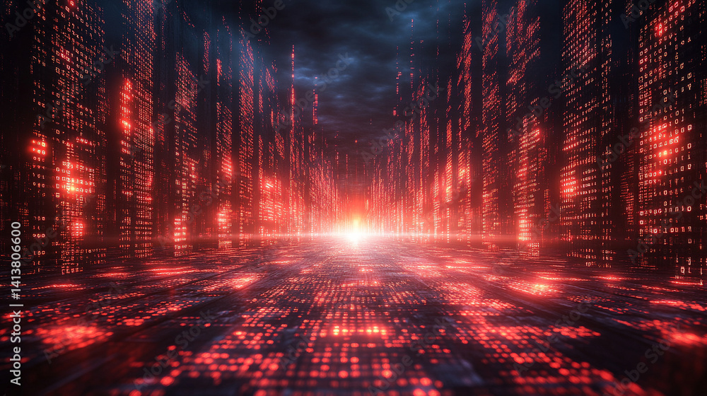 Poster futuristic red tech tunnel with glowing digital code patterns on walls and floor symbolizes data flo