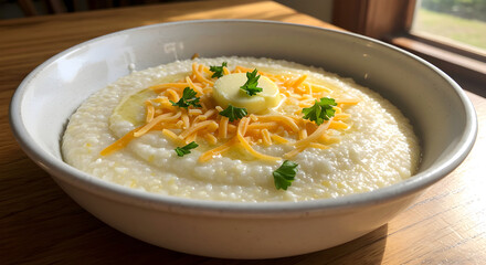 Creamy Grits With Cheddar Cheese And Fresh Parsley On Rustic Table