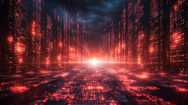 Futuristic red tech tunnel with glowing digital code patterns on walls and floor symbolizes data flow, innovation, and immersive technology with deep perspective and intense energy

