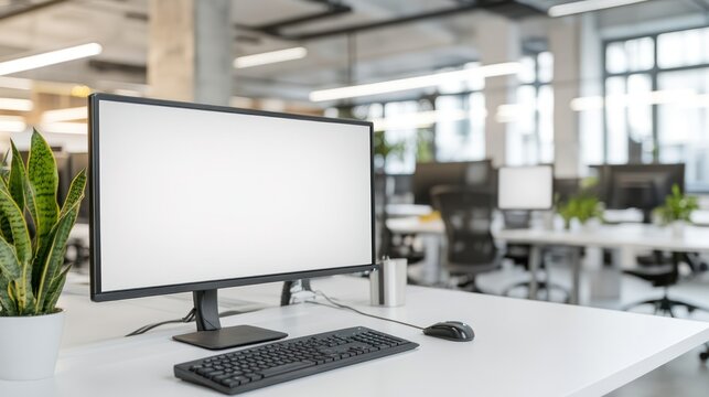 Modern office workspace featuring a computer, keyboard, and plant.