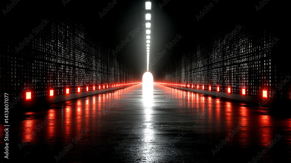 Aufkleber futuristic red tech tunnel with glowing digital code patterns on walls and floor symbolizes data flo