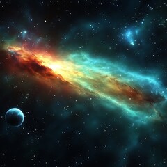 Obraz premium Cosmic nebula with vibrant colors and a distant planet