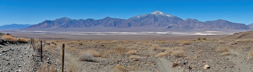 A panoramic view of a vast arid landscape featuring mountains, clear skies, and a foreground of rocky terrain.