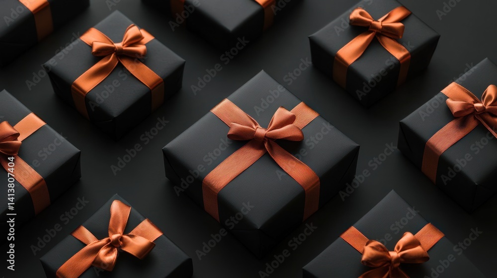 Aufkleber an elegant array of black gift boxes adorned with bronze ribbons creating a sense of sophisticated c