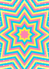 同心状の星形とハーフトーンのドット、キラキラのパターン背景、八角星、ポップなデザイン、装飾的な放射型図形、縦向き