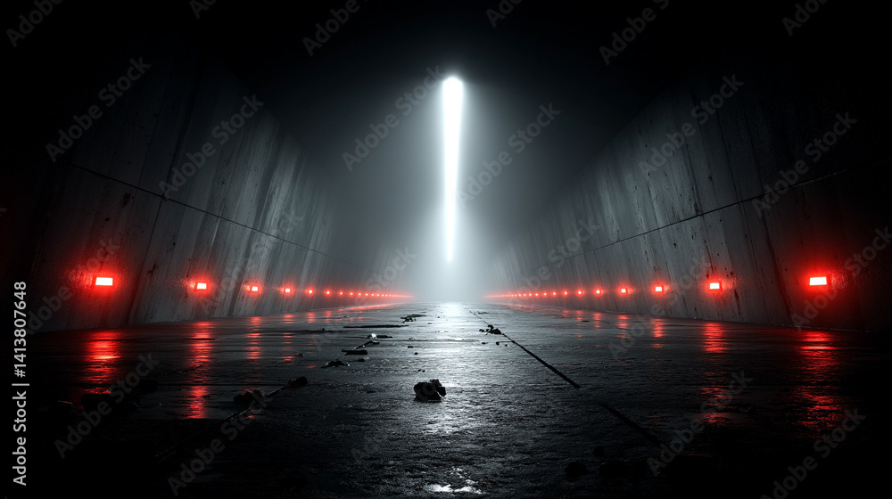 Aufkleber futuristic red tech tunnel with glowing digital code patterns on walls and floor symbolizes data flo
