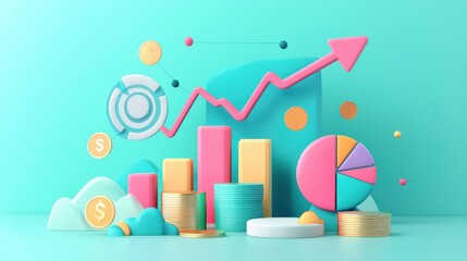3D stacked coins and upward arrow graph symbolizing stock market growth on teal banner background. Minimal vector illustration for business mockups with dark pastel blue isolation.