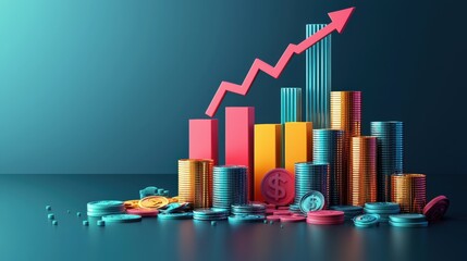 3D stacked coins and upward arrow graph symbolizing stock market growth on teal banner background. Minimal vector illustration for business mockups with dark pastel blue isolation.