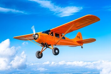 Airplane Soaring High Above Clouds - A vibrant orange airplane soars through a bright blue sky, above fluffy white clouds. Symbolizing freedom, adventure, travel, exploration, and the open sky